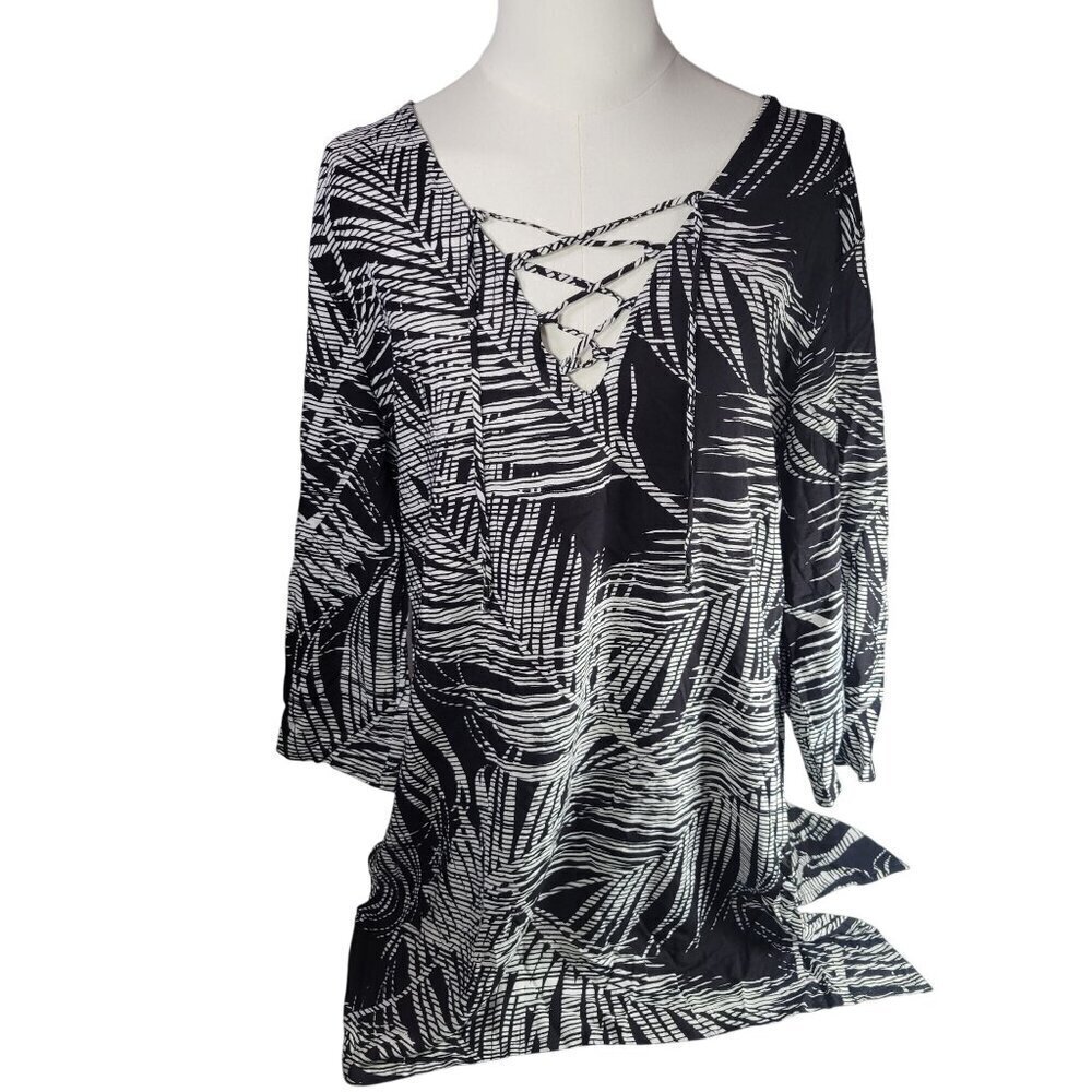 J Valdi Women Black & White Floral Tropical Abstract Rayon Tunic Shirt Size L